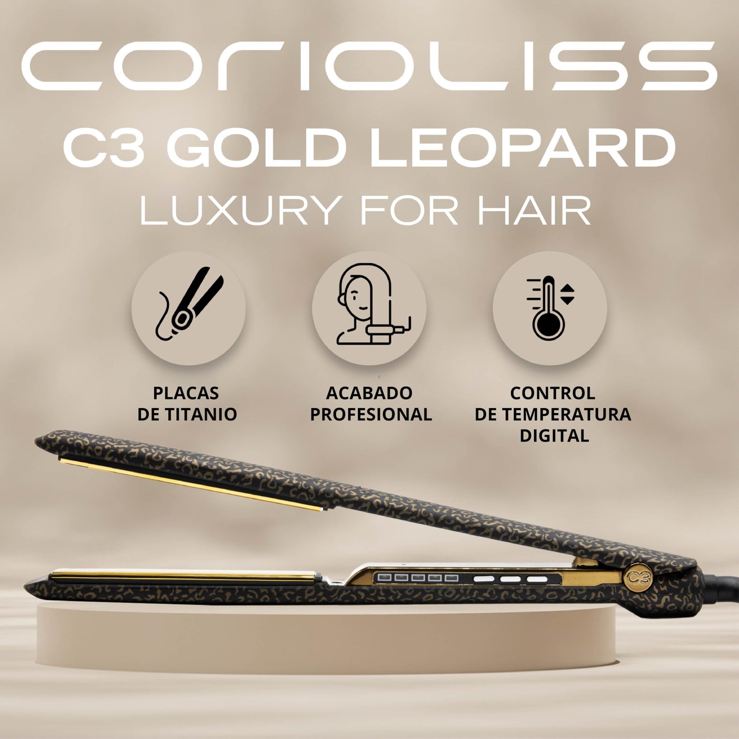 Corioliss C3 | Plancha del pelo Profesional | Placas extralargas de titanio | Alisado y Ondas | Temperatura ajustable 135º-235º | Calentamiento 20 seg | Con funda de Viaje | Leopard Gold