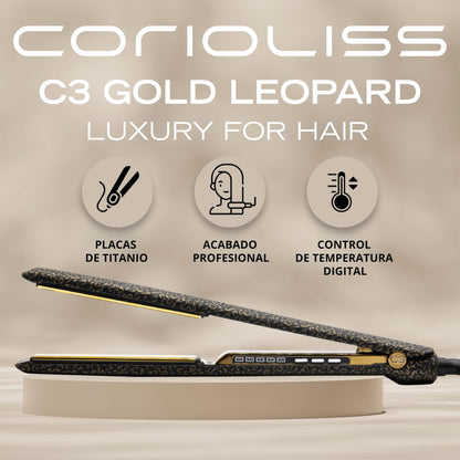 Corioliss C3 | Plancha del pelo Profesional | Placas extralargas de titanio | Alisado y Ondas | Temperatura ajustable 135º-235º | Calentamiento 20 seg | Con funda de Viaje | Leopard Gold