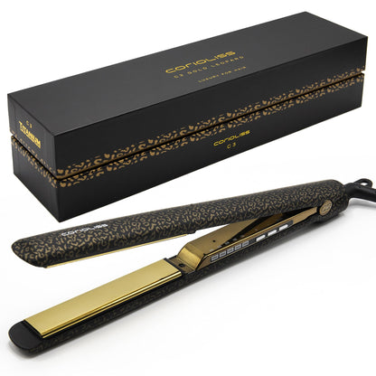 Corioliss C3 | Plancha del pelo Profesional | Placas extralargas de titanio | Alisado y Ondas | Temperatura ajustable 135º-235º | Calentamiento 20 seg | Con funda de Viaje | Leopard Gold