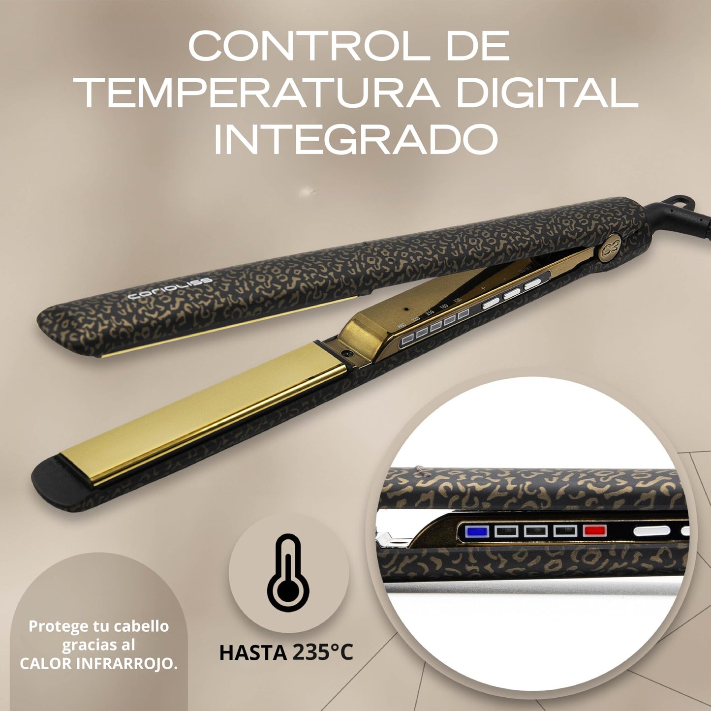 Corioliss C3 | Plancha del pelo Profesional | Placas extralargas de titanio | Alisado y Ondas | Temperatura ajustable 135º-235º | Calentamiento 20 seg | Con funda de Viaje | Leopard Gold