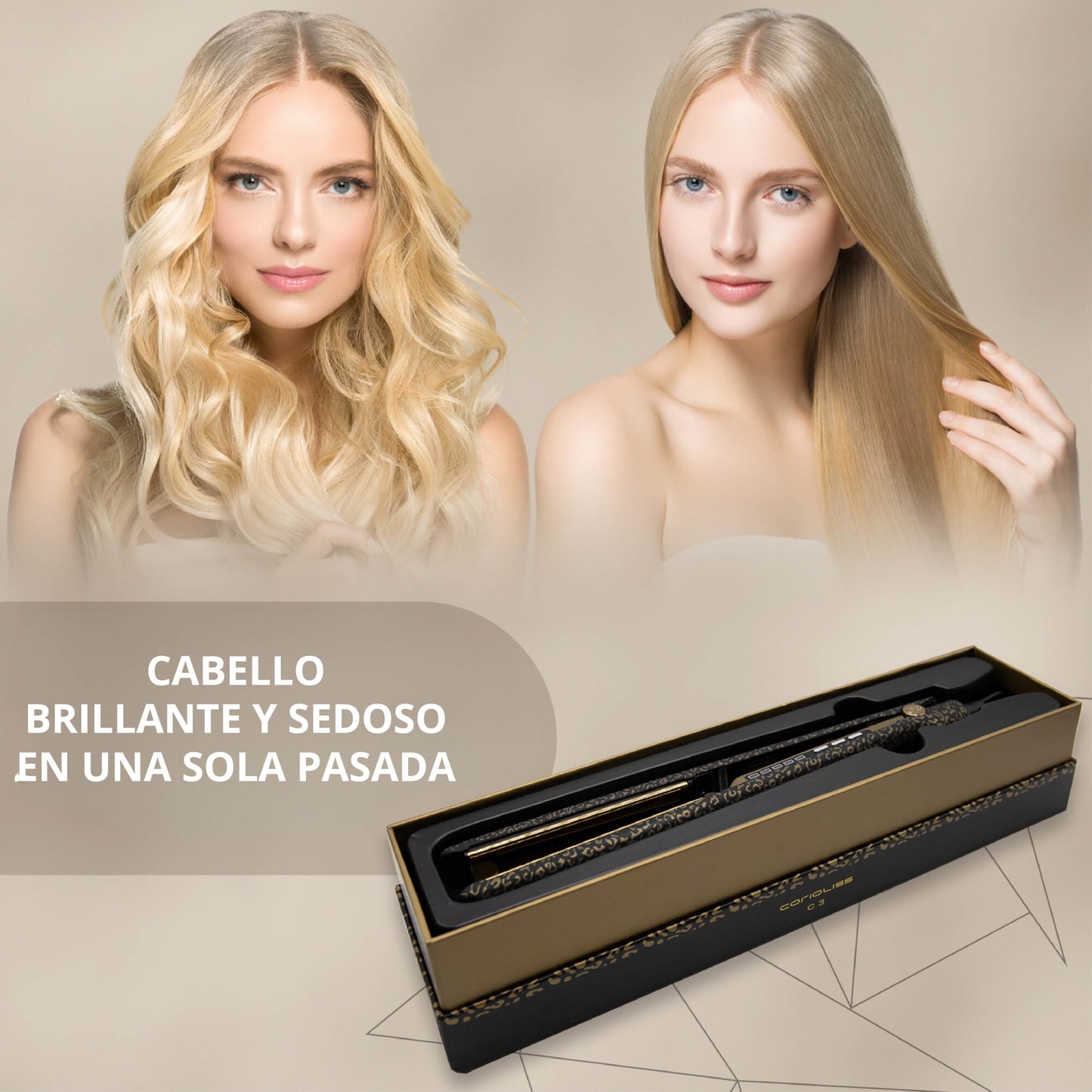 Corioliss C3 | Plancha del pelo Profesional | Placas extralargas de titanio | Alisado y Ondas | Temperatura ajustable 135º-235º | Calentamiento 20 seg | Con funda de Viaje | Leopard Gold