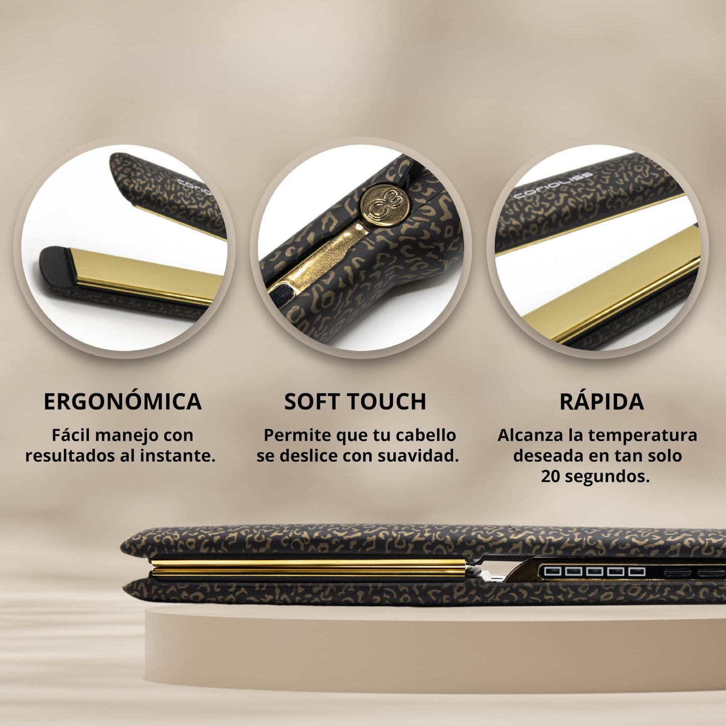 Corioliss C3 | Plancha del pelo Profesional | Placas extralargas de titanio | Alisado y Ondas | Temperatura ajustable 135º-235º | Calentamiento 20 seg | Con funda de Viaje | Leopard Gold