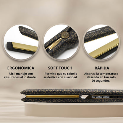 Corioliss C3 | Plancha del pelo Profesional | Placas extralargas de titanio | Alisado y Ondas | Temperatura ajustable 135º-235º | Calentamiento 20 seg | Con funda de Viaje | Leopard Gold