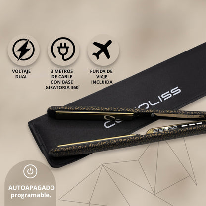 Corioliss C3 | Plancha del pelo Profesional | Placas extralargas de titanio | Alisado y Ondas | Temperatura ajustable 135º-235º | Calentamiento 20 seg | Con funda de Viaje | Leopard Gold